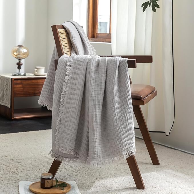 FOSSA Muslin Blanket with Fringe - 4-Layer 100% Cotton Gauze Super Soft & Breathable Throw -Lightweight Decorative Cooling Blanket for Bed, Sofa, Office (Grayish, King (104" × 90"))