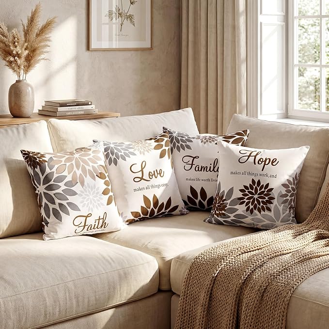 Tatuo 4 Pcs Flower Pillow Covers Square Spring Pillow Cushion Cases 18 x 18 Inch Family Faith Hope Love Words Decorative Summer Winter Cushion Case for Bed Couch Sofa Living Room(Dark Brown Series)
