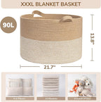 INDRESSME Extra Large Woven Baskets for Storage, 21.7'' x 13.8'' Wicker Basket with Handle for Blankets, Big Laundry Baskets for Clothes, Pillows, Towel, Shoe Basket for Entryway, 90L White Jute