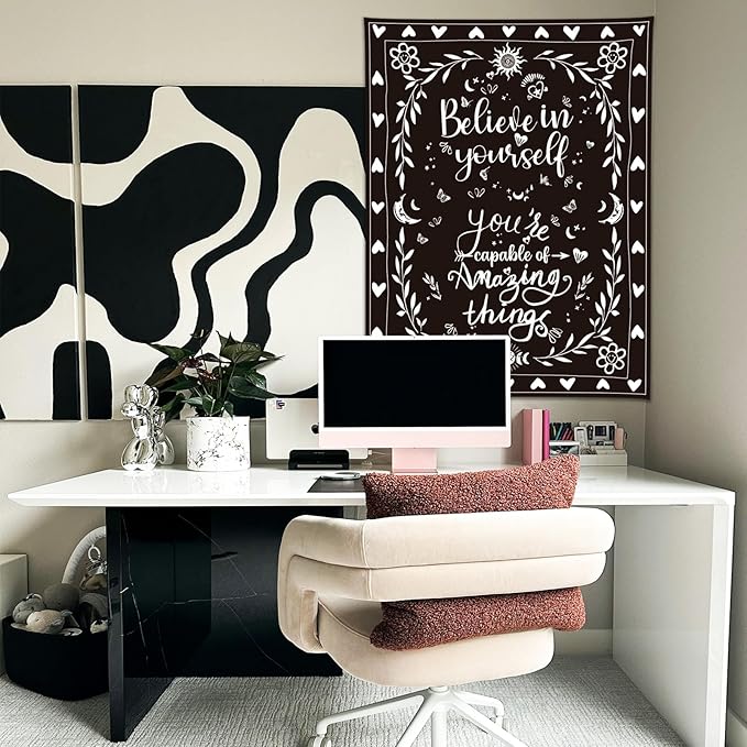 KJHL Motivational Black and White Classroom Tapestry 48" x 36" Vertical Boho Room Decor Positive Affirmations Inspirational Quote Aesthetic Tapestries Wall Hanging for Bedroom Dorm