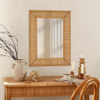 Boho Rattan Wall Mirror Wooden Framed Rectangle Mirror Rattan Decorative Farmhouse Hanging Mirror for Bathroom Vanity Entryway Living Room Home Wall Decor - 23.82" x 1.78" x 31.5"