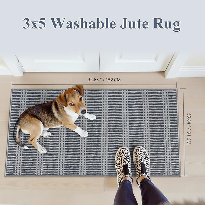 LIVEBOX Easy Jute Indoor Outdoor Rug 3x5 Front Porch, Washable Outdoor Rugs for Entryway, Gray Striped Geometric Rug for Living Room, Non Slip Carpet Door Mat for Front Door, Patio, Kitchen, Bedroom
