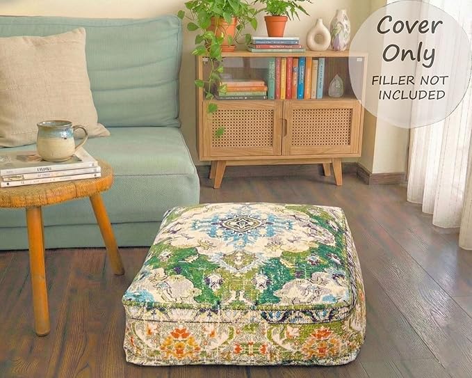 Mandala Life ART Moroccan Pouf Ottoman Cover Green Square Meditation Pillow Case Boho Room Décor Moroccan Seating Area Perfect for Living Room, Bedroom, Nursary or Children Room Cotton 24x8 Unstuffed