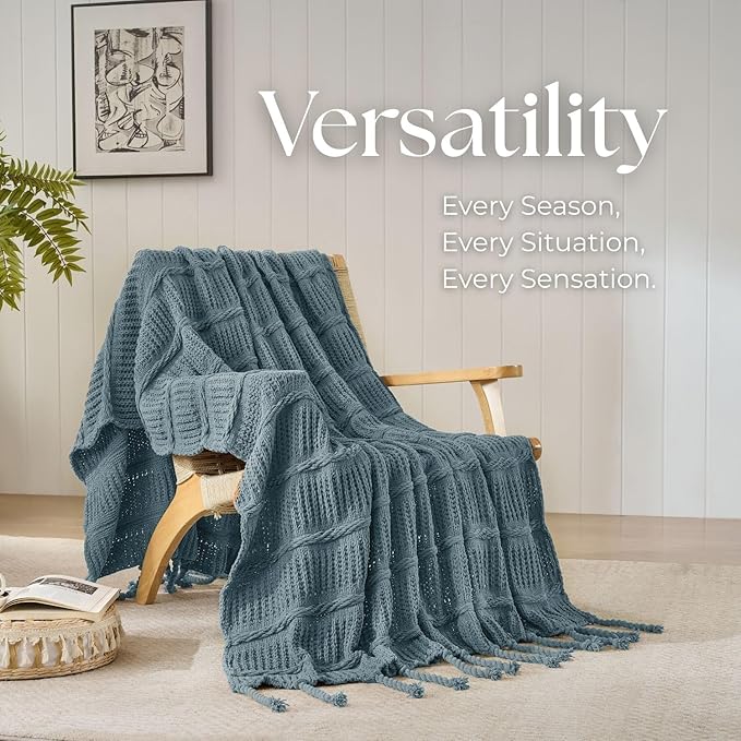 Boho Knitted Chenille Blanket with Tassels - Lightweight & Soft All-Season Throw - 3D Classic Pattern for Living Room Bedroom Couch, Celestial Blue, King 90"x108"