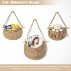 Halidali 3 Tier Hanging Fruit Baskets for Kitchen, Boho Cotton Rope Handwoven Vegetable Hammock Produce Storage Wall Mounted Large Organizing Basket for Farmhouse Decor, Onion, Potato (Linen)