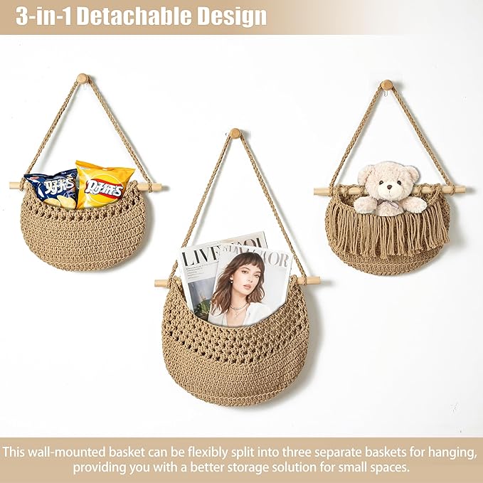 Halidali 3 Tier Hanging Fruit Baskets for Kitchen, Boho Cotton Rope Handwoven Vegetable Hammock Produce Storage Wall Mounted Large Organizing Basket for Farmhouse Decor, Onion, Potato (Linen)
