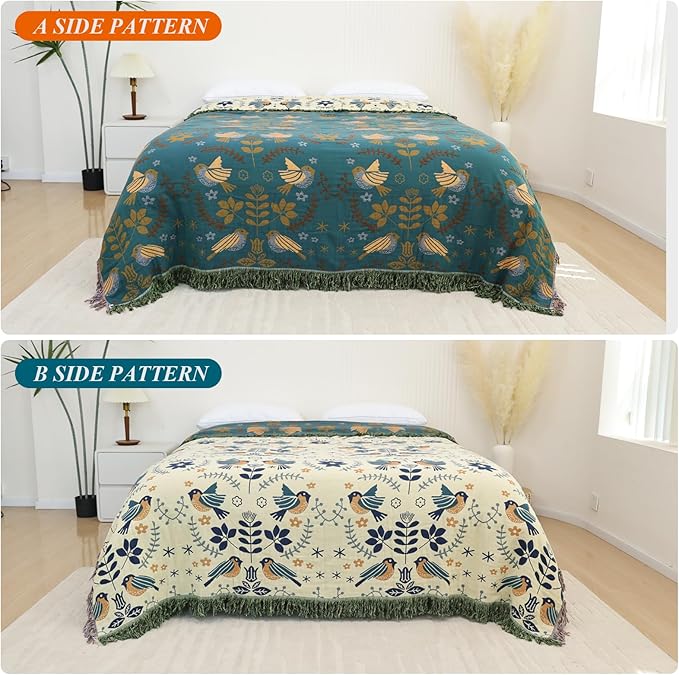 Boho Throw Blanket for Bed-100% Cotton Soft Breathable Farmhouse Decor Boho Quilt for Sofa Bed (Green Floral Bird, 60"x80")