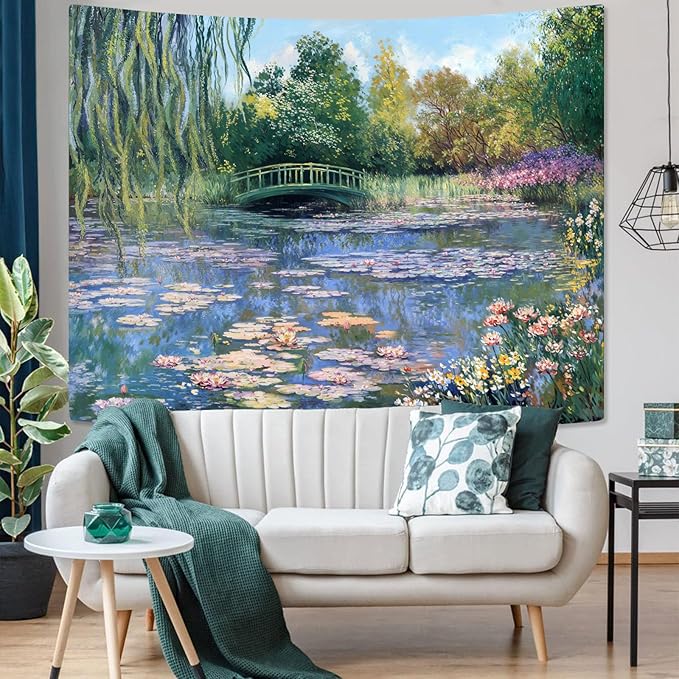 Accnicc Monet Water Lilies Tapestry Green Floral Plant Tapestries Aesthetic Monet Wall Art Posters Nature Flower Garden Landscape Small Tapestrys for Bedroom Living Room Dorm 48 x 36 Inch