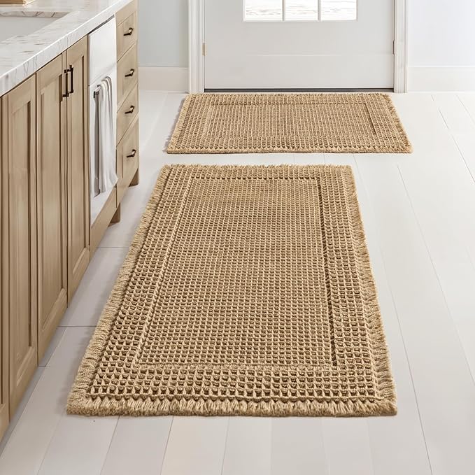 MIULEE Set of 2 Waffle Bathroom Rugs, Boho Bath Rug Super Absorbent, Non Slip Washable Ultra Soft Rubber Backed Shower Bath Mats for Floor, Tub, Shower, Bordered Design, Brown, 17"x24"+18"x30"