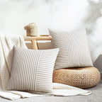 YCOLL Farmhouse Pillow Covers 26x26, Modern Accent Square Throw Pillow Covers Set of 2, Gray and Beige Striped Patchwork Linen Decorative Pillows Cushion Covers for Couch Chair Bedroom Home Decor