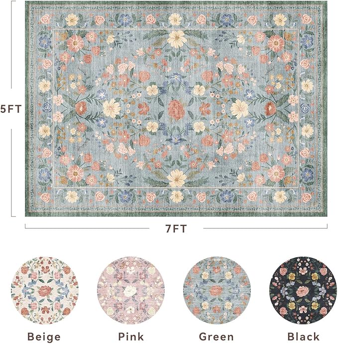 AMOAMI Vintage Floral 5x7 Area Rugs for Living Room Rug, Machine Washable Rug Non Slip Large Area Rug for Bedroom Indoor Low Pile Carpet Ultra Soft Boho Rugs for Dining Room Playroom Office, Green