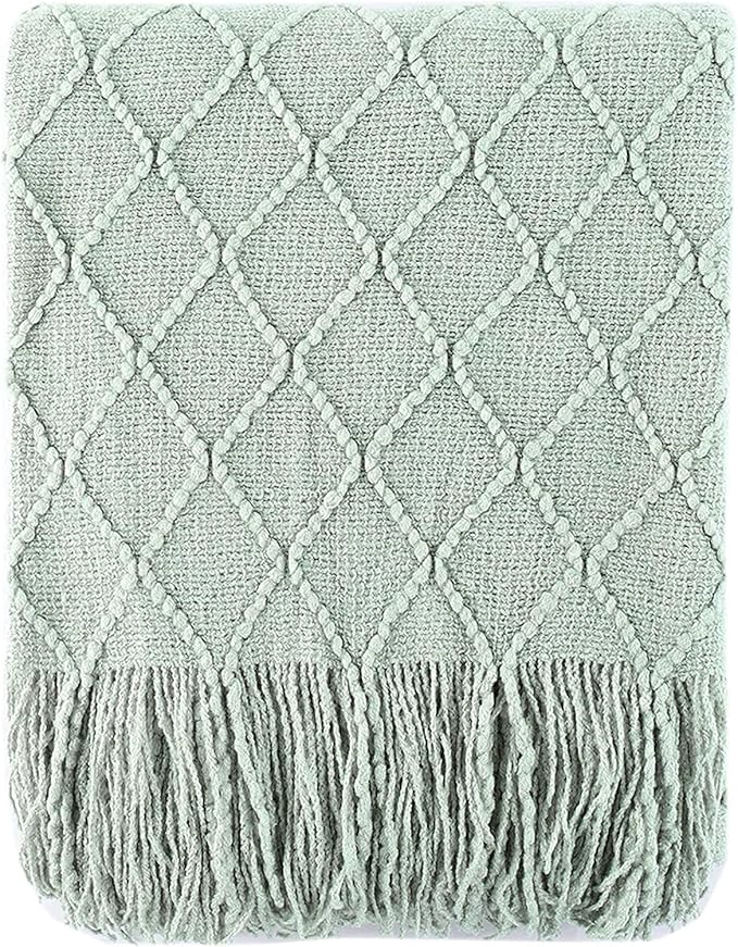 BATTILO HOME Sage Green Throw Blanket for Couch, Boho Bed Throws for Home Decor, Light Blue Throw Blanket for Sofa Living Room, 50"x60"
