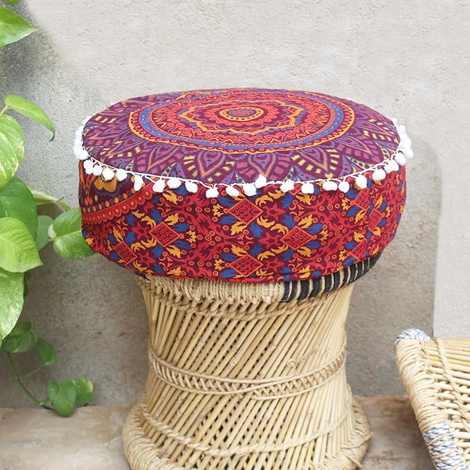 INDIAN CRAFT CASTLE ICC Floor Pillows & Cushion Covers Decorative Hippie Mandala Pouf Pillow Covers Seating Meditation Cushion Cover Large Boho Ottoman Case Pillowcase Couch New Orange, 16" Round
