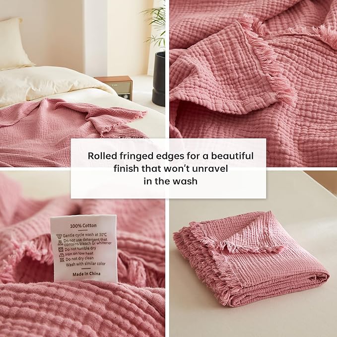 Simple&Opulence Cotton Muslin Throw Blanket 4 Layers for Bed, Couch, Woven Gauze Blanket with Tassels, Soft Lightweight Cozy Pre-Washed Breathable Farmhouse Decoration for All-Season(Dusty Pink)