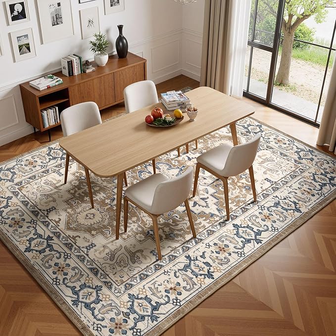 Lessymo Washable Area Rugs 6 x 9, Boho Area Rug Low Pile for Bedroom Living Room Kitchen, Ultra-Soft Faux Wool Vintage Area Rug with Non-Slip Rubber, Kid & Pet Friendly, Brown Beige