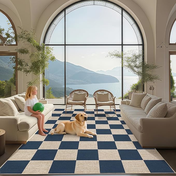 GarveeHome 9x12 Checkered Easy Jute Rugs for Bedroom Machine Washable Large Rugs Non-Slip Backing Modern Neutral Stain Resistance Carpets for Farmhouse Patio Dining Room Backyard Navy Blue