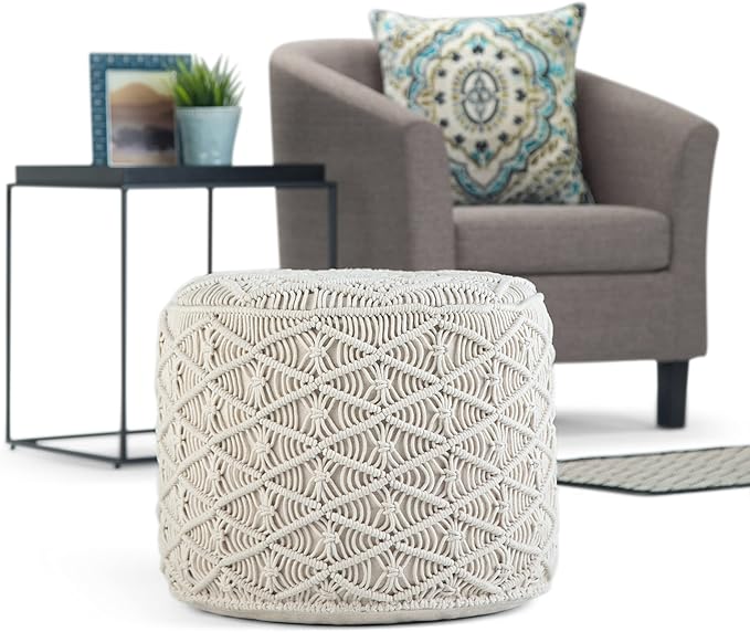 SIMPLIHOME Coates Round Pouf - 18 inch Wide Handwoven Cotton Macrame Ottoman in Natural, Boho Footstool, Decorative Pouf or Extra Seating for Living Room, Bedroom, or Kids Room, Assembled