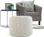 SIMPLIHOME Coates Round Pouf - 18 inch Wide Handwoven Cotton Macrame Ottoman in Natural, Boho Footstool, Decorative Pouf or Extra Seating for Living Room, Bedroom, or Kids Room, Assembled