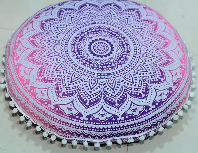 Round Mandala Floor Pillow Cover Seating Cushion Throw Ottoman Pouf Cover Pom Pom Pillow Cases Hippie Decorative Bohemian Boho Indian 22 Inches (Pink White)