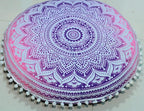 Round Mandala Floor Pillow Cover Seating Cushion Throw Ottoman Pouf Cover Pom Pom Pillow Cases Hippie Decorative Bohemian Boho Indian 22 Inches (Pink White)