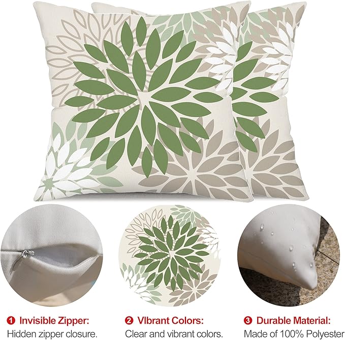DFXSZ Army Green Pillow Covers 18x18 Inch Set of 2 Flower White Gray Elegant Colored Throw Pillows Outdoor Waterproof Decor for Patio Funiture Garden Living Room Sofa Polyester Pillow Covers 002G18