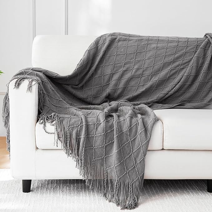 Throw Blanket for Couch Bed, Sofa Knit Blanket Farmhouse Throw for Living Room, Decorative Fall Throw Blanket for Chair, Outdoor Textured Boho Blanket（Dark Grey 51x67In）