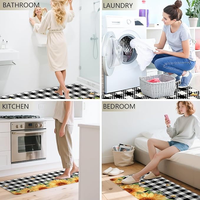 Sunflower Rugs for Kitchen Floor, Anti Fatigue Mats for Kitchen Floor Non Slip, 2PCS Rubber Kitchen Mat, Farmhouse Washable Cushioned Carpet Rug for Sink Laundry 5.7"×27.5" +15.7"×47" Black and White