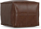 SIMPLIHOME Brody Square Pouf - 18 inch Wide Upholstered Vegan Leather Ottoman in Distressed Dark Brown, Boho Footstool, Coffee Table or Extra Seating for Living Room or Bedroom, Assembled