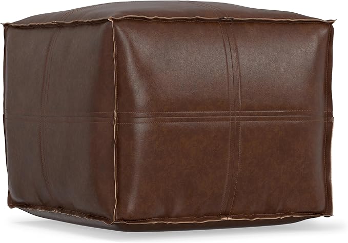 SIMPLIHOME Brody Square Pouf - 18 inch Wide Upholstered Vegan Leather Ottoman in Distressed Dark Brown, Boho Footstool, Coffee Table or Extra Seating for Living Room or Bedroom, Assembled