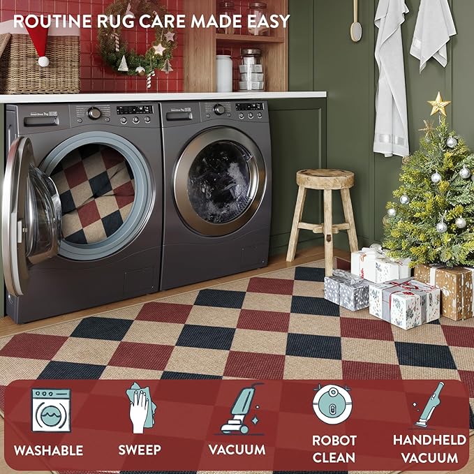Lahome Checkered Rugs for Living Room, 8x10 Indoor Outdoor Rug Dining Room Office Carpet, Checkerboard Black and Red Washable Non Slip Floor Carpet for Patio Classroom Backyard
