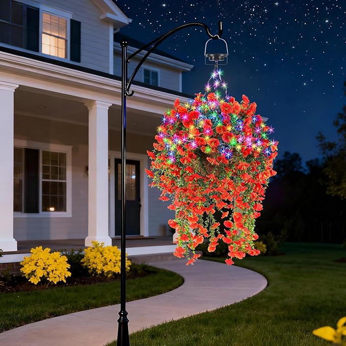 Outdoor Hanging Artificial Flowers Basket: Realistic Fake Plants Basket with Solar String Lights for Home Garden Enthusiasts - 10 Inch Faux Silk Flower Baskets for Porch Wall Patio Tree Decor