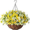 Artificial Silk Flowers Hanging Baskets Outdoors,Chrysanthemum with Eucalyptus Leaves Arrangement for Garden Yard Decor,Faux Plant in Metal Coconut Lining Flowerpot(Yellow)
