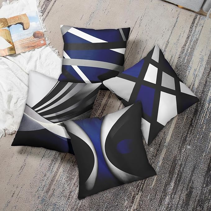 Emvency Set of 4 Dark Blue Throw Pillow Covers Modern Abstract Black Grey Stripes Gray White Acrylic Bold Decorative Pillow Cases Home Decor Square 18x18 Inches Pillowcases