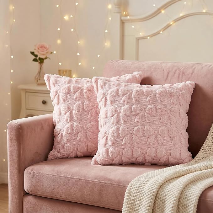 AVOIN colorlife Pink Spring Bow Throw Pillow Covers Set of 2, 16 x 16 Inch Coquette Aesthetic Room Decor Soft Plush Faux Fur Cushion Case for Girls Room
