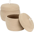 Sea Team Round Cotton Rope Storage Basket with Lid, Decorative Woven Storage Bin, Pot, Caddy, Organizer, Container for Snacks, Towels, Plants (Khaki, Small/2-Pack)