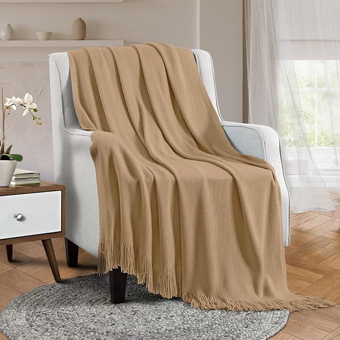 Vonty Light Brown Knitted Blanket with Tassels Fringe 60" x 80", Super Soft Knit Throw Blanket, Farmhouse Decorative Lightweight Blanket for Couch, Sofa, Bed