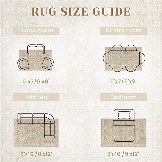 8x10 Area Rugs for Living Room: Washable Large Vintage Floral Rug Low Pile Non-Slip Boho Carpet for Bedroom Home Office Dining Room (Brown, 8'x10')