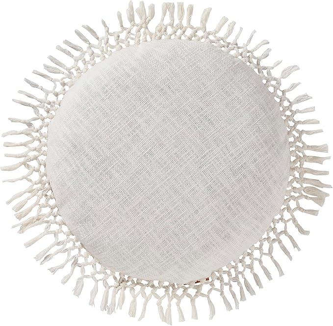 Indigo Ink - Decorative Throw Pillows for Couch or Bed, Boho Home Décor Round Cotton 20" x 20" Pillow with Tassels (Tufted Medallion Collection, Bright White)