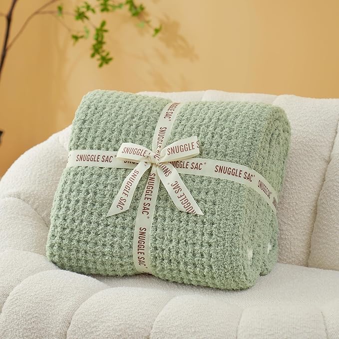 Snuggle Sac Sage Green Waffle Throw Blanket for Couch Bed Sofa 60x80 inches, Reversible Sage Green Blanket Microfiber Fluffy Fuzzy Cozy Knit Twin Blanket for Women Mothers Birthday Gifts