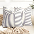 YCOLL Farmhouse Pillow Covers 20x20, Modern Accent Square Throw Pillow Covers Set of 2, Navy and Beige Striped Patchwork Linen Decorative Pillows Cushion Covers for Couch Chair Bedroom Home Decor