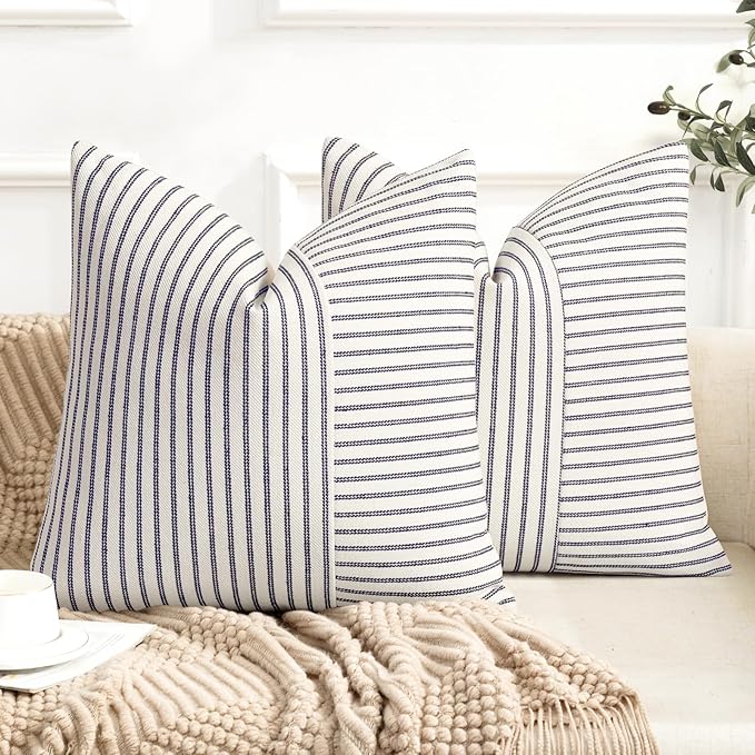 YCOLL Farmhouse Pillow Covers 20x20, Modern Accent Square Throw Pillow Covers Set of 2, Navy and Beige Striped Patchwork Linen Decorative Pillows Cushion Covers for Couch Chair Bedroom Home Decor