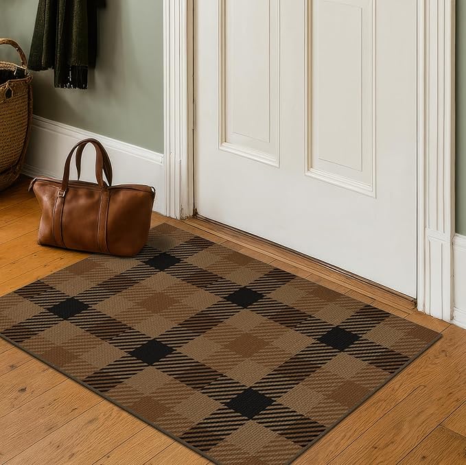 JTJ Neutral 2x3 Entrance Rugs - Easy Jute Brown Checkered Small Throw Rug Indoor Door Mats for Entryway, Kitchen, Small Living Room, Earthy & Coffe Rustic Décor