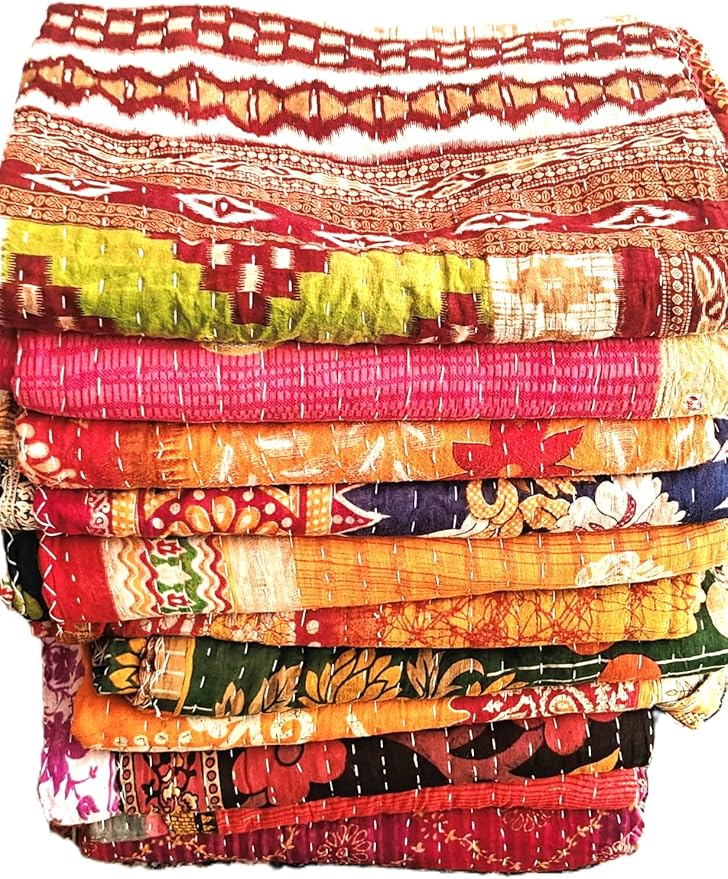 Indian Wholesale Handmade Cotton Kantha Quilts Vintage Bed Cover Throw Blanket Reversible Tribal Boho Bedding Bedspread Twin Size 54x84 Inches Multicolor Patchwork