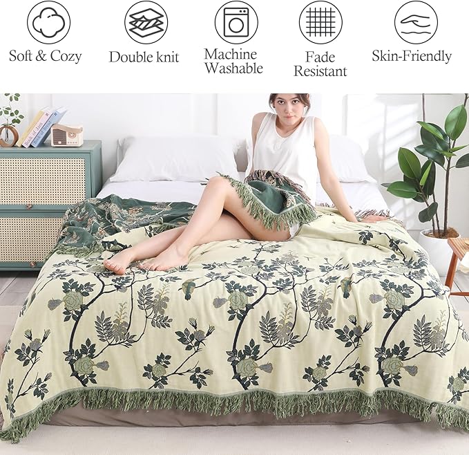 Snycler Boho Throw Blanket for Bed - 100% Cotton Ultra Soft Rustic Quilt Green Hummingbird Printed Farmhouse Decor Bed Blankets,80"×90" All Season Rustic Throw for Sofa Couch Chair