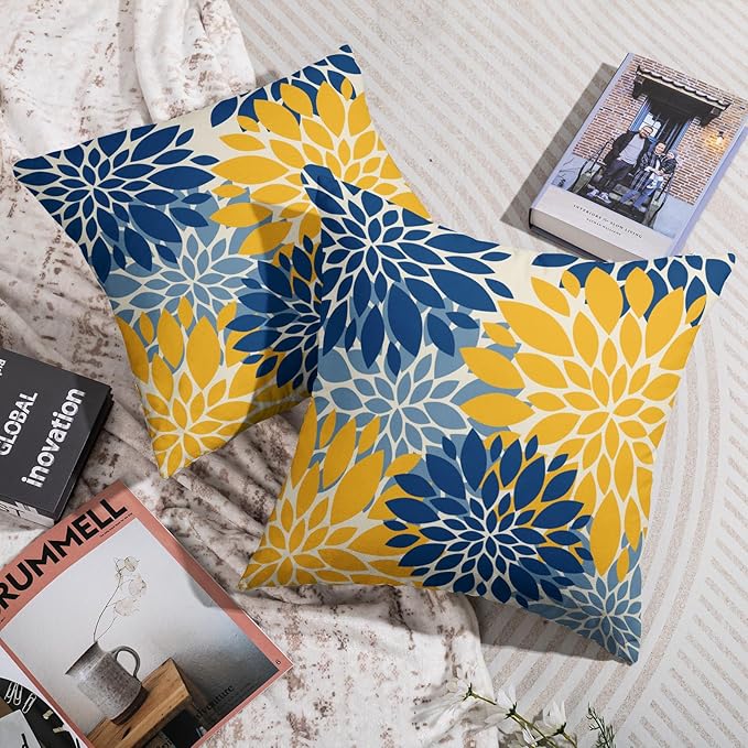 Blue Yellow Pillow Covers 22X22 Inch Set of 2, Dahlia Flower Spring Summer Floral Cream Decorative Throw Pillow Covers Outdoor Modern Farmhouse Cushion Case for Home Couch Sofa Bed Decor