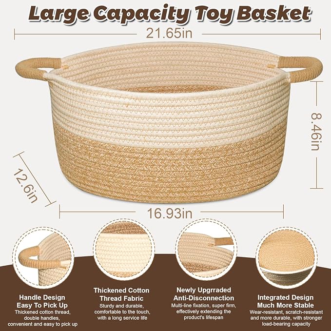 Woven Basket for Toys, Blankets & Gifts Empty ,Cotton Rope Storage Basket with Reinforced Handles for Nursery,Livingroom,Bedroom,Bathroom & Home Decor,21.65" x 12.6" x 8.46" (L)
