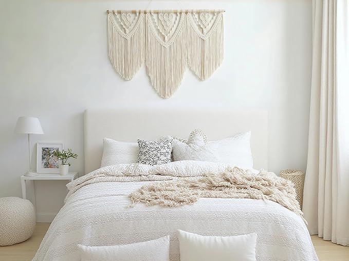 oiikain Large Handmade Boho Macrame Wall Hanging Tapestry - Chic Bohemian Woven Home Decor art for Living Room, Bedroom, and Wedding Parties (Beige, twelve rhombus)