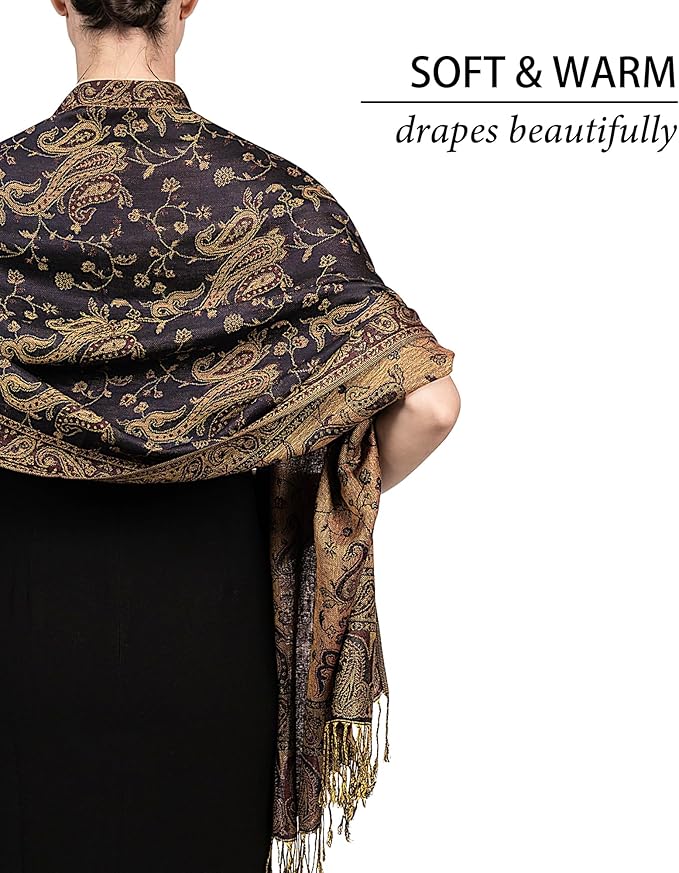 Achillea Reversible Paisley Pashmina Rave Scarf – Exotic Indian Shawls and Wraps for Evening Dresses, Festivals, All Seasons