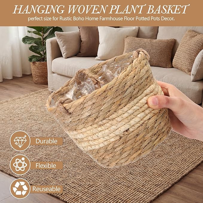 6 Pcs Seagrass Hanging Planter Basket Hand Woven Plant Basket with Plastic Liners Hanging Plant Holder Storage Containers with Cotton Rope for Indoor Outdoor Garden Home Decor(Beige)