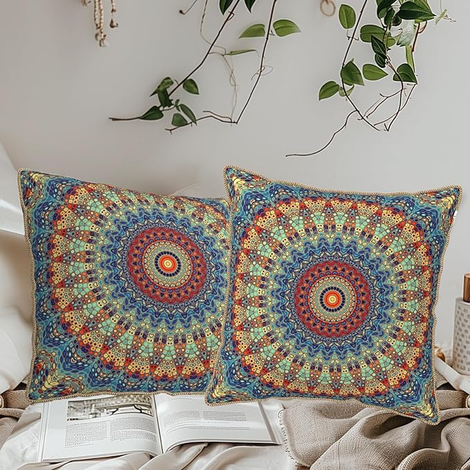KSLIDS Boho Mandala Floral Soft Velvet Throw Pillow Covers Set of 2 Navy Blue Orange Flower Decorative Pillow Covers 16x16 Inch Abstract Retro Pillow Case for Sofa Couch Outdoor Modern Home Decor